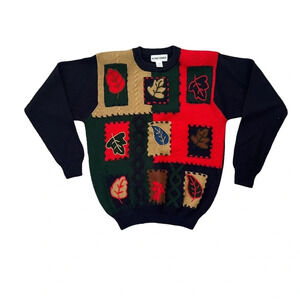 Vintage Wool-Blend Fall Leaves Knit Sweater Large